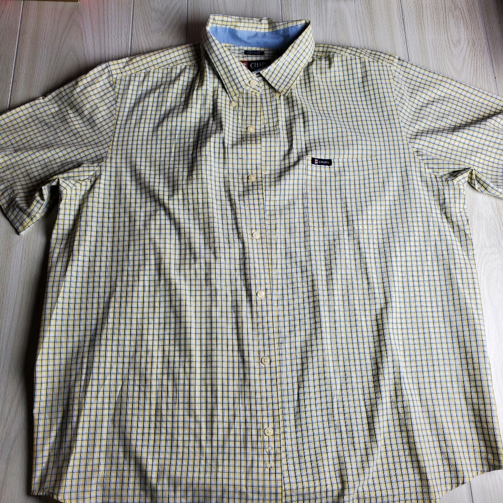 Vintage 90's Chaps Easy Care Yellow & Blue Check Squares Short Sleeve XXL shirt